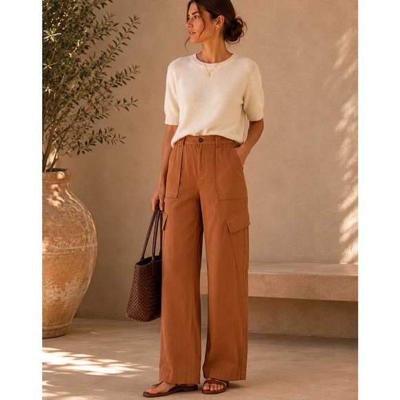 Vince Pants - Vince Fluid Cargo Trouser Women 4 Nile Brown Wide Leg Mid Rise V967422108